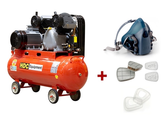 Компрессор HDC HD-A103 АКЦИЯ! + Полумаска 3М в полной комплектации (600 л/мин, 10 атм, ременной, масляный, ресив. 100 л, 380 В, 3.30 кВт) - фото